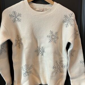 LOFT White Sweater with Silver Snowflakes